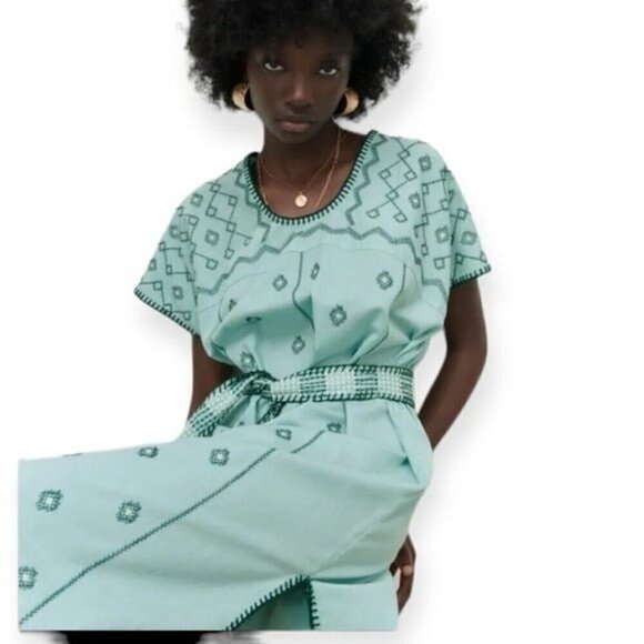 ZARA Bloggers Fav V- Neck Linen Embroidered Caftan Dress Tie Waist Size L NEW - Picture 8 of 13